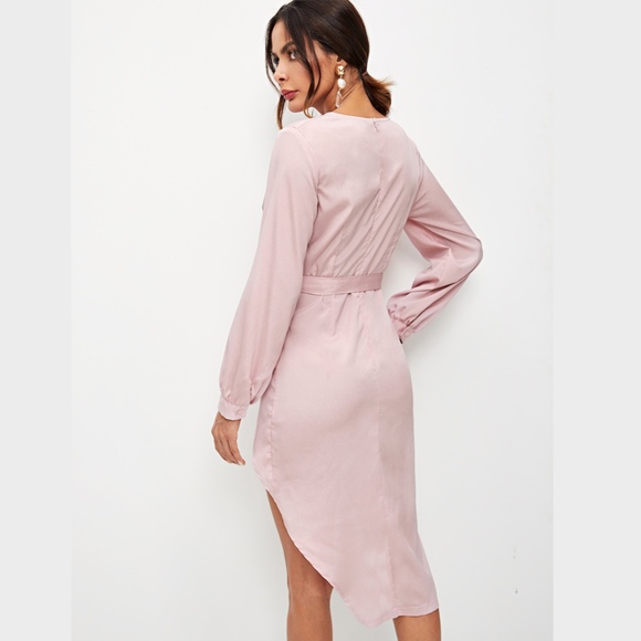 Self Belted Asymmetrical Hem Wrap Dress Pink - Picture 4 of 5